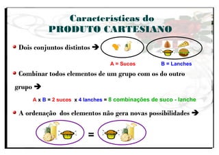 Características do
PRODUTO CARTESIANO
Dois conjuntos distintos 
Combinar todos elementos de um grupo com os do outro
grupo 
A ordenação dos elementos não gera novas possibilidades 
A = Sucos B = Lanches
A x B = 2 sucos x 4 lanches = 8 combinações de suco - lanche
=
 