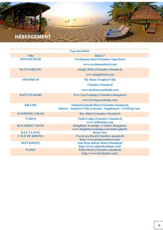 8
Type des hôtels
Ville Hôtel 2*
PHNOM PENH Cardamom hôtel (Chambre Superieur)
www.cardamomhotel.com
BATTAMBANG Kingfy Hôtel (Chambre Standard)
www.kingfyhotel.com
SIEM REAP My Home Tropical Villa
Chambre Standard
www.myhomecambodia.com
RATTANAKIRI Tree Top Ecolodge (Chambre Bungalow)
www.treetop-ecolodge.com
KRATIE OudomSambath Hôtel (Chambre Standard)
Option : Rajabori Villa in Kratie , Supplément : US$25/person.
KAMPONG CHAM Day Hôtel (Chambre Standard)
TADLO Tadlo Lodge (Chambre Standard)
www.tadlolodge.com
BAN KHIET NGON Kingfisher Ecolodge ( Comfor Bungalow)
www.kingfisherecolodge.com/index.php/fr/
BAN TA ONG Home Stay
L’ILE DE KHONG PonArena Hotel (Chambre standard)
http://www.ponarenahotel.com/
DON KHONE Sala Done Khone Hotel (Standard)
http://www.salalaoboutique.com/
PASKÉ Paksé Hotel (Chambre standard)
http://www.hotelpakse.com/
 