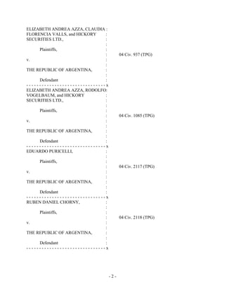 ELIZABETH ANDREA AZZA, CLAUDIA :
FLORENCIA VALLS, and HICKORY   :
SECURITIES LTD.,               :
                               :
     Plaintiffs,               :
                               :         04 Civ. 937 (TPG)
v.                             :
                               :
THE REPUBLIC OF ARGENTINA,     :
                               :
     Defendant                 :
-------------------------------x
ELIZABETH ANDREA AZZA, RODOLFO:
VOGELBAUM, and HICKORY         :
SECURITIES LTD.,               :
                               :
     Plaintiffs,               :
                               :         04 Civ. 1085 (TPG)
v.                             :
                               :
THE REPUBLIC OF ARGENTINA,     :
                               :
     Defendant                 :
-------------------------------x
EDUARDO PURICELLI,             :
                               :
     Plaintiffs,               :
                               :         04 Civ. 2117 (TPG)
v.                             :
                               :
THE REPUBLIC OF ARGENTINA,     :
                               :
     Defendant                 :
-------------------------------x
RUBEN DANIEL CHORNY,           :
                               :
     Plaintiffs,               :
                               :         04 Civ. 2118 (TPG)
v.                             :
                               :
THE REPUBLIC OF ARGENTINA,     :
                               :
     Defendant                 :
-------------------------------x




                                   -2-
 