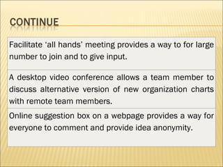Facilitate ‘all hands’ meeting provides a way to for large number to join and to give input. A desktop video conference allows a team member to discuss alternative version of new organization charts with remote team members. Online suggestion box on a webpage provides a way for everyone to comment and provide idea anonymity.  