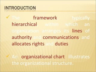The  framework , typically  hierarchical , within which an organization arranges its  lines  of  authority  and  communications , and  allocates   rights  and  duties . An  organizational chart  illustrates the organizational structure. 