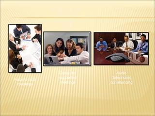 Face to face meetings Computer supported meetings Audio (telephone) conferencing 