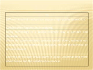 To Different kinds of medium can support high-quality interaction.  Collaboration happens in an ongoing. Using technology in a people-oriented way is possible and desirable. When the communication process breaks down, evaluate our management and interaction strategies, not just the technical or physical devices. Learning to manage virtual teams is about understanding more about teams and the collaboration process. 