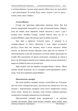 Виставка ППД»Освіта Черкащини» Застосування транзактного аналізу… 157 
зі схемою»Завжди» людина може сказати:»Мені мало що дала робота 
з цим репетитором. Та нехай, буду, певно, ходити і далі до нього, - 
хтозна, може, щось і вийде». 
Схема»Майже» 
Сизиф теж прогнівив образливих грецьких богів. Він був 
навічно приречений закочувати на гору величезний камінь. Щоразу, 
коли він майже досяг вершини, камінь вислизав у нього з рук і 
котився вниз. Подібно Сизифу, людина нашого часу, що діє за 
схемою»Майже», каже:»На цей раз мені це майже вдалося». 
Іван бере в приятеля почитати книгу. А повертає її зі 
словами:»Дякую за книгу. Прочитав її всю, окрім останнього 
розділу.» Коли Іван миє машину, вона в нього виходить майже 
чистою, не рахуючи кількох брудних плям, яких він не помітив. У 
довгостроковому плані він, відповідно до схеми, майже просунувся по 
службі. Він дослужився до крісла начальника, щоправда не зовсім в 
нього сів. Він щоразу виявляється в перших рядах списку кандидатів, і 
щораз на співбесіді щось не складається. 
Берн називає цей тип перебігу сценарію»Знову і Знову». Проте 
пізніше автори зазначили, що всі сценарні схеми проживають знову і 
знову. Тому була прийнята назва»Майже» 
Невизначений сценарій 
Ця схема перебігу сценарію нагадує схеми»Поки не» і»Згодом» 
тим, що в ній є поворотний пункт, після якого все змінюється. Але для 
людини з невизначеним сценарієм після цього поворотного пункту 
нічого немає. Зовсім як у випадку, коли останні сторінки рукопису 
театрального сценарію виявляються загубленими. 
Невизначений сценарій може програватися і на коротких 
часових дистанціях. Деякі люди взагалі ставлять перед собою лише 
Зотоніська гімназія ім. С.Д.Скляренка В.М. Ракітіна 
 