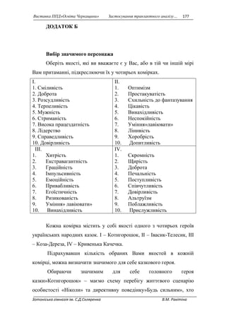 Виставка ППД»Освіта Черкащини» Застосування транзактного аналізу… 177 
ДОДАТОК Б 
Вибір значимого персонажа 
Оберіть якості, які ви вважаєте є у Вас, або в тій чи іншій мірі 
Вам притаманні, підкреслюючи їх у чотирьох комірках. 
І. 
1. Сміливість 
2. Доброта 
3. Розсудливість 
4. Терпеливість 
5. Мужність 
6. Стриманість 
7. Висока працездатність 
8. Лідерство 
9. Справедливість 
10. Довірливість 
ІІ. 
1. Оптимізм 
2. Простакуватість 
3. Схильність до фантазування 
4. Цікавість 
5. Винахідливість 
6. Неспокійність 
7. Уміння»лавіювати» 
8. Лінивість 
9. Хоробрість 
10. Допитливість 
ІІІ. 
1. Хитрість 
2. Екстравагантність 
3. Граційність 
4. Імпульсивність 
5. Емоційність 
6. Привабливість 
7. Егоїстичність 
8. Ризикованість 
9. Уміння» лавіювати» 
10. Винахідливість 
ІV. 
1. Скромність 
2. Щирість 
3. Доброта 
4. Печальність 
5. Поступливість 
6. Співчутливість 
7. Довірливість 
8. Альтруїзм 
9. Поблажливість 
10. Прислужливість 
Кожна комірка містить у собі якості одного з чотирьох героїв 
українських народних казок. І – Котигорошок, ІІ – Івасик-Телесик, ІІІ 
– Коза-Дереза, ІV – Кривенька Качечка. 
Підрахувавши кількість обраних Вами якостей в кожній 
комірці, можна визначити значимого для себе казкового героя. 
Обираючи значимим для себе головного героя 
казки»Котигорошок» – маємо схему перебігу життєвого сценарію 
особистості «Ніколи» та директивну поведінку»Будь сильним», хто 
Зотоніська гімназія ім. С.Д.Скляренка В.М. Ракітіна 
 