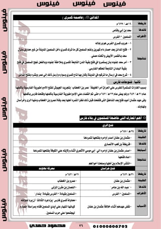 26
ٔ٥‫املزا‬) ٣‫نغض‬ ١ُ‫(عاص‬ :
‫تاصخيٗا‬16‫ٖــ‬/637ّ
‫قا٥زٖا‬‫غعس‬ٔ‫ب‬ٞ‫أب‬‫ٚقام‬
‫األطضاف‬ًُٕٛ‫املػ‬×‫ايؿطؽ‬
‫ْتا٥جٗا‬
1–‫ٖطٚب‬ٟ‫نػط‬‫ايؿطؽ‬ٖٛ٘‫ٚضداي‬
2–‫ؾتح‬ٔ٥‫املسا‬‫بعس‬‫سكاض‬ّ‫زا‬ٜٔ‫ؾٗط‬ِٓ‫ٚغ‬‫املػًُني‬ٌ‫ن‬‫َا‬‫تطى‬ٟ‫نػط‬ٌ‫زخ‬ًُٕٛ‫املػ‬١ٜٓ‫املس‬َٔ‫غري‬‫َعاضض‬ٍ‫ْٚع‬
‫غعس‬‫بايككط‬‫ا٭بٝض‬ٙ‫ٚاؽص‬ًٞ‫َك‬.
3–‫أَط‬‫غعس‬ٙ‫دٓٛز‬ٕ‫بأ‬‫ٜػتُطٚا‬‫يف‬‫ؾتح‬١ٝ‫بك‬ٕ‫املس‬١‫ايتابع‬ٟ‫يهػط‬١‫َٚ٬سك‬ٙ‫دٓٛز‬ٌ‫ٚبايؿع‬‫لح‬ًُٕٛ‫املػ‬‫يف‬‫ؾتح‬
١ٝ‫بك‬ٕ‫ايبًسا‬١‫ايتابع‬ِ‫يًشه‬ٞ‫ايؿاضغ‬.
4–‫ؾطع‬‫غعس‬‫يف‬ٍ‫إضغا‬‫َا‬ٙٛ‫تطن‬‫يف‬١ٜٓ‫املس‬ٕ‫ٚنا‬‫بٗا‬‫تاز‬ٟ‫نػط‬ٙ‫ٚغٛاض‬ٌ‫ٚأضغ‬‫شيو‬ٞ‫إي‬‫عُط‬ٙ‫ٚبؿط‬‫بؿتح‬ٔ٥‫املسا‬.
‫بػبب‬‫ايػاضات‬٠‫املػتُط‬‫يًؿطؽ‬ًٞ‫ع‬‫ايعطام‬‫أَط‬١‫اـًٝؿ‬"‫عُط‬ٔ‫ب‬‫اـطاب‬"‫بتذطٜس‬‫اؾٝٛف‬‫يؿتح‬١ٜ‫ا٫َرباطٛض‬١ٝ‫ايؿاضغ‬‫بأنًُٗا‬
ّ‫عا‬21‫ٖـ‬/642ّ‫ٚمل‬‫ميض‬ّ‫عا‬23‫ٖـ‬/643ّ٢‫ست‬‫مت‬٤‫ايكها‬ًٞ‫ع‬١ٜ‫اإلَرباطٛض‬١ٝ‫ايؿاضغ‬‫بأنًُٗا‬‫ٚؾتشت‬‫ؾاضؽ‬‫بأنًُٗا‬
‫ا‬‫َٚٓٗا‬‫اـطاب‬ٔ‫ب‬ٚ‫عُط‬٠‫ٚؾا‬‫بعس‬‫أًٖٗا‬‫يتُطز‬‫ْعطا‬‫شيو‬ٌ‫قب‬‫ؾتؿشت‬٢‫ايت‬‫املٓاطل‬‫بعس‬‫ؾتح‬‫أعٝس‬ٕ‫عجُا‬‫عٗس‬٢‫ٚؾ‬ٕ‫ٚخطاغا‬٣‫يط‬
‫ْٚٗاْٚس‬.
ِٖ‫أ‬‫املعاصى‬‫اييت‬‫خاضٗا‬ًُٕٛ‫املغ‬‫يف‬‫بالر‬‫فاصؼ‬
‫فتح‬ٟ‫ايض‬
‫تاصخيٗا‬24‫ٖـ‬/645ّ
١‫اخلًٝف‬-ٕ‫عجُا‬ٔ‫ب‬ٕ‫عؿا‬‫أقسض‬ٙ‫أٚاَط‬‫بؿتشٗا‬‫يتُطزٖا‬
‫قا٥زٖا‬-١‫قطٜع‬ٔ‫ب‬‫نعب‬ٟ‫ا٭ْكاض‬
‫أعبابٗا‬-‫اقسض‬ٕ‫عجُا‬ٔ‫ب‬ٕ‫عؿا‬ٙ‫أٚاَط‬ٞ‫اي‬"ٞ‫أب‬ٞ‫َٛغ‬ٟ‫ا٭ؾعط‬٤‫أثٓا‬٘‫ٚ٫ٜت‬ًٞ‫ع‬١‫ايهٛؾ‬‫بؿ‬‫تش‬‫ٗا‬‫يتُطزٖا‬
‫ْتا٥جٗا‬
-‫اعاز‬‫ؾتشٗا‬
-‫اْتؿط‬ّ٬‫اإلغ‬‫بني‬‫أًٖٗا‬‫ٚقًشت‬ِ‫أسٛاهل‬
‫فتح‬ٕ‫خضاعا‬١‫َعضن‬‫ْٗاْٚز‬
‫تاصخيٗا‬31‫ٖـ‬/652ّ21‫ٖـ‬/642ّ
١‫اخلًٝف‬-ٕ‫عجُا‬ٔ‫ب‬ٕ‫عؿا‬-‫اـطاب‬ٔ‫ب‬ٚ‫عُط‬
‫قا٥زٖا‬-"‫عبس‬‫اهلل‬ٔ‫ب‬‫عاَط‬"-ٕ‫ايٓعُا‬ٔ‫ب‬ٕ‫َكط‬٢ْ‫املع‬
‫األطضاف‬-‫املػًُني‬×‫ايؿطؽ‬-‫املػًُني‬٠‫بكٝاز‬×‫ايؿطؽ‬٠‫بكٝاز‬"‫بٓساض‬"
‫األعباب‬-‫ْكض‬ِٖ‫عٗس‬٤‫أثٓا‬١‫خ٬ؾ‬ٕ‫عجُا‬ٔ‫ب‬ٕ‫عؿا‬
-١‫قاٚي‬ٟ‫نػط‬‫ؾاضؽ‬"‫ٜعزدطز‬‫ايجايح‬"ٕ‫أ‬‫ٜطز‬٘‫يسٚيت‬
‫نٝاْٗا‬‫املٓٗاض‬ًٞ‫ع‬ٟ‫أٜس‬‫املػًُني‬ّ‫ؾكا‬١ً‫مبطاغ‬ٙ‫اْكاض‬
‫يٝذتُعٛا‬ًٞ‫ع‬‫سطب‬‫املػًُني‬.
‫ثاْٝا‬:‫فاصؼ‬ ‫فتٛحات‬
 