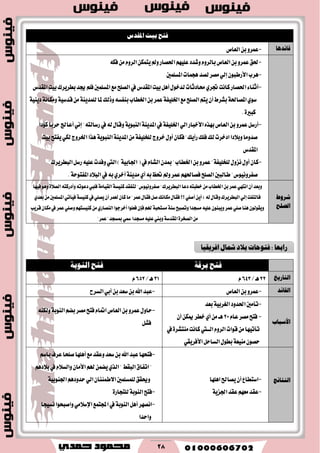 28
‫فتح‬‫املكزؼ‬ ‫بٝت‬
‫قا٥زٖا‬-ٚ‫عُط‬ٔ‫ب‬‫ايعام‬
-٘‫ؾه‬َّٔٚ‫ايط‬ٔ‫ٜتُه‬‫ٚمل‬‫اؿكاض‬ًِٗٝ‫ع‬‫ٚؾسز‬ّٚ‫بايط‬‫ايعام‬ٔ‫ب‬ٚ‫عُط‬‫ؿل‬
-‫ٖطب‬ٕٛ‫ا٭ضطب‬ٞ‫إي‬‫َكط‬‫يكس‬‫ٖذُات‬‫املػًُني‬
-٤‫أثٓا‬‫اؿكاض‬‫ناْت‬ٟ‫ػط‬‫قازثات‬ٍٛ‫يسخ‬ٌٖ‫أ‬‫بٝت‬‫املكسؽ‬‫يف‬‫ايكًح‬‫َع‬‫املػًُني‬ًِ‫ؾ‬‫هس‬‫بططٜطى‬‫بٝت‬‫املكسؽ‬
ٟٛ‫غ‬١‫املكاؿ‬‫بؿطط‬ٕ‫أ‬ِ‫ٜت‬‫ايكًح‬‫َع‬١‫اـًٝؿ‬‫عُط‬ٔ‫ب‬‫اـطاب‬٘‫بٓؿػ‬‫ٚشيو‬‫ملا‬١ٜٓ‫يًُس‬َٔ١ٝ‫قسغ‬١ْ‫َٚها‬١ٜٝٓ‫ز‬
٠‫نبري‬.
-ٌ‫أضغ‬ٚ‫عُط‬ٔ‫ب‬‫ايعام‬ٙ‫بٗص‬‫ا٭خباض‬ٞ‫اي‬١‫اـًٝؿ‬‫يف‬١ٜٓ‫املس‬١ٜٛ‫ايٓب‬ٍ‫ٚقا‬٘‫ي‬‫يف‬٘‫ضغايت‬"ْٞ‫إ‬‫أعاجل‬‫سطبا‬‫ن٪زا‬
‫قسَٚا‬‫ٚب٬زا‬‫ازخطت‬‫يو‬‫ؾًو‬‫ضأٜو‬"ٕ‫ؾها‬ٍٚ‫أ‬‫خطٚز‬١‫يًدًٝؿ‬َٔ١ٜٓ‫املس‬١ٜٛ‫ايٓب‬‫ٖصا‬‫اـطٚز‬ٞ‫يه‬‫ٜؿتح‬‫بٝت‬
‫املكسؽ‬
-ٕ‫نا‬ٍٚ‫أ‬ٍٚ‫ْع‬١‫يًدًٝؿ‬"ٚ‫عُط‬ٔ‫ب‬‫اـطاب‬"ٕ‫مبس‬ّ‫ايؿا‬‫يف‬(١ٝ‫اؾاب‬)‫اييت‬‫ٚؾست‬ً٘ٝ‫ع‬ٌ‫ضغ‬‫ايبططٜطى‬"
‫قؿطْٚٝٛؽ‬"‫طايبني‬‫ايكًح‬ِٗ‫ؾكاؿ‬‫عُط‬‫ٚمل‬‫ؼغ‬٘‫ب‬ٟ‫أ‬١ٜٓ‫َس‬ٟ‫أخط‬٘‫ب‬‫يف‬‫ايب٬ز‬١‫املؿتٛس‬.
‫ؽضٚط‬
‫ايصًح‬
‫ٚبعس‬ٕ‫أ‬ٞٗ‫اْت‬‫عُط‬ٔ‫ب‬‫اـطاب‬َٔ٘‫خطبت‬‫زعا‬‫ايبططٜطى‬"‫قؿطْٚٝٛؽ‬"‫يتؿكس‬١‫نٓٝػ‬١َ‫ايكٝا‬‫ؾًيب‬٘‫زعٛت‬٘‫ٚأزضنت‬٠٬‫ايك‬ٖٛٚ‫ؾٝٗا‬
‫ؾايتؿت‬ٞ‫إي‬‫ايبططٜطى‬ٍ‫ٚقا‬٘‫ي‬:ٜٔ‫أ‬ًٞ‫أق‬‫؟؟‬ٍ‫ؾكا‬‫َهاْو‬ٌ‫ق‬ٍ‫ؾكا‬‫عُط‬"‫َا‬ٕ‫نا‬‫يعُط‬ٕ‫أ‬ًٞ‫ٜك‬‫يف‬١‫نٓٝػ‬ٞ‫ؾٝأت‬‫املػًُني‬َٟٔ‫بعس‬
ٕٛ‫ٜٚكٛي‬‫ٖٓا‬ًٞ‫ق‬‫عُط‬ٕٛٓ‫ٜٚب‬ً٘ٝ‫ع‬‫َػذسا‬‫ٚتكبح‬١ٓ‫غ‬١‫َػتشب‬ِ‫هل‬ٕ‫ؾإ‬‫ؾعًٛا‬‫أخطدٛا‬ٟ‫ايٓكاض‬َِٔٗ‫نٓٝػت‬ًٞ‫ٚق‬‫عُط‬‫يف‬ٕ‫َها‬‫قطٜب‬
َٔ٠‫ايكدط‬١‫املكسغ‬‫ٚبين‬ً٘ٝ‫ع‬‫َػذسا‬ٞ‫مس‬‫مبػذس‬"‫عُط‬"
‫فتح‬١‫بضق‬‫فتح‬١‫ايٓٛب‬
‫ايتاصٜخ‬22‫ٖـ‬/643ّ31‫ٖـ‬/652ّ
‫ايكا٥ز‬-ٚ‫عُط‬ٔ‫ب‬‫ايعام‬-‫عبس‬‫اهلل‬ٔ‫ب‬‫غعس‬ٔ‫ب‬ٞ‫أب‬‫ايػطح‬
‫األعباب‬
-‫تأَني‬‫اؿسٚز‬١ٝ‫ايػطب‬‫بعس‬
-‫ؾتح‬‫َكط‬ّ‫عا‬20‫ٖــ‬َٟٔ‫أ‬‫خطط‬ٔ‫ميه‬ٕ‫أ‬
‫تأتٝٗا‬َٔ‫قٛات‬ّٚ‫ايط‬‫ايـــيت‬‫ناْت‬‫يف‬٠‫َٓتؿط‬
ٕٛ‫سك‬١‫َٓٝع‬ٍٛ‫بط‬ٌ‫ايػاس‬ٞ‫ا٭ؾطٜك‬
-ٍٚ‫سا‬ٚ‫عُط‬ٔ‫ب‬‫ايعام‬ّ‫امتا‬‫ؾتح‬‫َكط‬ِ‫به‬١‫ايٓٛب‬٘ٓ‫ٚيه‬
ٌ‫ؾؿ‬
‫ايٓتا٥ج‬-‫اغتطاع‬ٕ‫أ‬‫ٜكاحل‬‫اًٖٗا‬
-‫عكس‬ِٗ‫َع‬‫عكس‬١ٜ‫اؾع‬
-‫ؾتشٗا‬‫عبس‬‫اهلل‬ٔ‫ب‬‫غعس‬‫ٚعكس‬‫َع‬‫أًٖٗا‬‫قًشا‬‫عطف‬ِ‫باغ‬
"‫اتؿام‬‫ايبكط‬"ٟ‫ايص‬ُٔ‫ٜه‬ِ‫هل‬ٕ‫ا٭َا‬ّ٬‫ٚايػ‬‫يف‬ِٖ‫ب٬ز‬
‫ٚوكل‬‫يًُػًُني‬ٕ‫ا٫طُ٦ٓا‬ٞ‫اي‬ِٖ‫سسٚز‬١ٝ‫اؾٓٛب‬
-‫ؾتح‬١‫ايٓٛب‬٠‫يًتذاض‬
-‫اْكٗط‬ٌٖ‫أ‬١‫ايٓٛب‬‫يف‬‫اجملتُع‬َٞ٬‫اإلغ‬‫ٚاقبشٛا‬‫ْػٝذا‬
‫ٚاسسا‬
‫صابعا‬:‫بالر‬ ‫فتٛحات‬‫افضٜكٝا‬ ٍ‫مشا‬
 