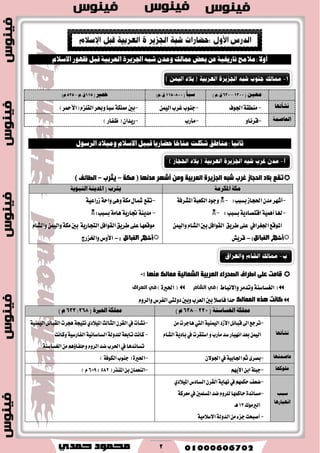 2
ّ‫االعال‬ ‫ظٗٛص‬ ٌ‫قب‬ ١ٝ‫ايعضب‬ ٠‫اجلظٜض‬ ٘‫ؽب‬ ٕ‫َٚز‬ ‫ممايو‬ ‫بعض‬ ٔ‫ع‬ ١ٝ‫تاصخي‬ ‫:َالَح‬ ‫أٚال‬
‫َع‬‫ـ‬ٝ‫ـ‬ٔ(1300–630) ّ.‫م‬‫عبأ‬(800-115)ّ.‫م‬‫محري‬(115ّ.‫م‬–525)ّ
‫ْؾأت‬‫ٗا‬-‫اؾٛف‬١‫َٓطك‬-ُٔٝ‫اي‬‫غطب‬‫دٓٛب‬-)‫(ا٭محط‬ّ‫ايكًع‬‫ٚعط‬‫غبأ‬١‫ممًه‬‫بني‬
١ُ‫ايعاص‬-ٚ‫قطْا‬-‫َأضب‬-)‫ظؿاض‬(ٕ‫ضٜسا‬
‫ثاْٝا‬َ:ٍٛ‫ايضع‬ ‫َٚٝالر‬ ّ‫االعال‬ ٌٝ‫قب‬ ‫حطاصٜا‬ ‫َٓاخا‬ ‫ؽهًت‬ ‫ٓاطل‬
‫ِىخ‬ ( ‫ِذٔٙب‬ ‫ؤؽٙش‬ ِٓٚ ‫اٌمشث١خ‬ ‫اٌجض٠شح‬ ٗ‫ؽج‬ ‫غشة‬ ‫اٌذجبص‬ ‫ثالد‬ ‫رمك‬–‫٠ضشة‬–) ‫اٌؽبئف‬
١َ‫املهض‬ ١‫َه‬١ٜٛ‫ايٓب‬ ١ٜٓ‫املز‬ ( ‫ٜجضب‬
-:‫بػبب‬‫اؿذاظ‬ٕ‫َس‬‫أؾٗط‬-١‫املؿطؾ‬١‫ايهعب‬‫ٚدٛز‬
-:‫بػبب‬١ٜ‫اقتكاز‬١ُٖٝ‫أ‬‫هلا‬-
‫ططٜل‬٢ً‫ع‬ ‫اؾػطايف‬‫املٛقع‬‫بني‬ٌ‫ايكٛاؾ‬ُٔٝ‫ٚاي‬ّ‫ايؿا‬
:‫القبائل‬ ‫أشهر‬-‫قطٜـ‬
-١ٝ‫ظضاع‬١‫ٚاس‬٢ٖٚ١‫َه‬ٍ‫مشا‬‫تكع‬
-١ٜ‫ػاض‬١ٜٓ‫َس‬١َ‫ٖا‬‫بػبب‬:
١ٜ‫ايتذاض‬ٌ‫ايكٛاؾ‬‫ططٜل‬٢ً‫ع‬‫َٛقعٗا‬ّ‫ٚايؿا‬ُٔٝ‫ٚاي‬١‫َه‬‫بني‬
: ‫القبائل‬ ‫أشهر‬-‫ٚاـعضز‬‫ا٭ٚؽ‬
‫اٌمشث١خ‬ ‫اٌصذشاء‬ ‫اؼشاف‬ ٍٝ‫ل‬ ‫لبِذ‬‫اٌؾّبٌ١خ‬‫ِٕٙب‬ ‫ِّبٌه‬:-
‫ٚا٫ْباط‬‫ٚتسَط‬١ٓ‫ايػػاغ‬()‫الشام‬ ‫في‬)٠‫اؿري‬(‫العراق‬ ‫في‬
‫وبٔذ‬‫اٌّّبٌه‬ ٖ‫٘ز‬ّٚ‫ٚايط‬‫ايؿطؽ‬٢‫زٚيت‬‫ٚبني‬‫ايعطب‬‫بني‬٬‫ؾاق‬‫سسا‬
‫مم‬‫ًه‬( ١ٓ‫ايػغاع‬ ١220–638) ّ( ٠‫احلري‬ ١‫ممًه‬268:633) ّ
‫ْؾأتٗا‬
-‫ا٭‬ٌ٥‫قبا‬‫اىل‬‫تطدع‬َٔ‫ٖادطت‬‫اييت‬١ُٝٓٝ‫اي‬‫ظز‬
ُٔٝ‫اي‬‫بعس‬‫اْٗٝاض‬‫َأضب‬‫غس‬ّٚ‫ايؿا‬١ٜ‫باز‬‫يف‬‫اغتكطت‬
-‫ايجايح‬ٕ‫ايكط‬‫يف‬‫ْؿأت‬ٟ‫املٝ٬ز‬ٌ٥‫ايكبا‬‫ٖذطت‬١‫ْتٝذ‬١ُٝٓٝ‫اي‬
-‫ٚناْت‬١ٝ‫ايؿاضغ‬١ْٝ‫ايػاغا‬١‫يًسٚي‬١‫تابع‬‫ناْت‬
ِٖ٩‫ٚسًؿا‬ّٚ‫ايط‬‫نس‬‫اؿطب‬‫يف‬‫تػاْسٖا‬١ٓ‫ايػػاغ‬َٔ
‫عاصُتٗا‬-ٕ٫ٛ‫اؾ‬‫يف‬١ٝ‫اؾاب‬ِ‫ث‬٣‫بكط‬-)١‫ايهٛؾ‬‫دٓٛب‬(٠‫اؿري‬
‫ًَٛنٗا‬-ِٜٗ‫ا٭‬ٔ‫اب‬١ً‫دب‬-‫املٓصض‬ٔ‫ب‬ٕ‫ايٓعُا‬(582:609)ّ
‫عبب‬
‫اْٗٝاصٖا‬
-‫ايػازؽ‬ٕ‫ايكط‬١ٜ‫ْٗا‬‫يف‬ُِٗ‫سه‬‫نعـ‬ٟ‫املٝ٬ز‬
-‫نس‬ّٚ‫يًط‬‫سانُٗا‬٠‫َػاْس‬١‫َعطن‬‫يف‬‫املػًُني‬
‫ايريَٛى‬13‫ٖـ‬
-١‫ايسٚي‬َٔ٤‫دع‬‫أقبشت‬١َٝ٬‫ا٫غ‬
 