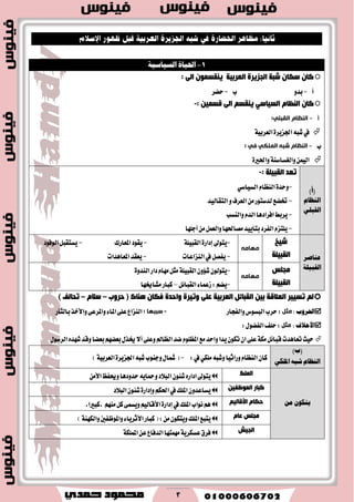 3
1-١ٝ‫ايغٝاع‬ ٠‫احلٝا‬
: ٌٝ‫ا‬ ّْٛ‫٠ٕمغ‬ ‫اٌمشث١خ‬ ‫اٌجض٠شح‬ ‫ؽجخ‬ ْ‫عىب‬ ْ‫وب‬
‫أ‬-ٚ‫بس‬‫ب‬-‫سهط‬
َ‫إٌفب‬ ْ‫وب‬ٟ‫اٌغ١بع‬: ٓ١ّ‫لغ‬ ٌٝ‫ا‬ ُ‫٠ٕمغ‬-
‫أ‬-‫النظام‬:‫القبلي‬
١ٝ‫ايعطب‬٠‫اؾعٜط‬٘‫ؾب‬‫يف‬
‫ب‬-: ‫في‬ ‫الولكي‬ ‫شبه‬ ‫النظام‬
٠‫ٚاؿري‬١ٓ‫ٚايػػاغ‬ُٔٝ‫اي‬
)‫(أ‬
ّ‫ايٓعا‬
ًٞ‫ايكب‬
‫رمذ‬‫اٌمج١ٍخ‬:-
-ّ‫ايٓعا‬٠‫ٚسس‬ٞ‫ايػٝاغ‬
-ٚ‫ايعطف‬َٔ‫يسغتٛض‬‫ؽهع‬‫ايتكايٝس‬
-‫ٚايٓػب‬ّ‫ايس‬‫اؾطازٖا‬‫ٜطبط‬
-‫أدًٗا‬ٌَُٔ‫ٚايع‬‫َكاؿٗا‬‫بتأٜٝس‬‫ايؿطز‬ّ‫ًٜتع‬
‫عٓاصض‬
١ًٝ‫ايكب‬
‫ؽ١خ‬
‫اٌمج١ٍخ‬
‫ههاهه‬
-٠‫إزاض‬‫ٜتٛىل‬١ًٝ‫ايكب‬-‫املع‬‫ٜكٛز‬‫ا‬‫ضى‬-‫ايٛؾٛز‬ٌ‫ٜػتكب‬
-‫ايٓعاعات‬‫يف‬ٌ‫ٜؿك‬-‫املعاٖسات‬‫ٜعكس‬
‫ِجٍظ‬
‫اٌمج١ٍخ‬
‫ههاهه‬
-ٕٚ٪‫ؾ‬ٕٛ‫ٜتٛي‬١ًٝ‫ايكب‬٠ٚ‫ايٓس‬‫زاض‬ّ‫َٗا‬ٌ‫َج‬
-ٌ٥‫ايكبا‬٤‫ظعُا‬:ِ‫ٜه‬–‫نباض‬‫َؿاىٗا‬
‫ٚر١شح‬ ٍٝ‫ل‬ ‫اٌمشث١خ‬ ً‫اٌمجبئ‬ ٓ١‫ث‬ ‫اٌماللخ‬ ‫رغ١١ش‬ ٌُْ‫فىب‬ ‫ٚادذح‬‫دشٚة‬ ( ‫ٕ٘بن‬–َ‫عال‬–) ‫رذبٌف‬
: ‫احلضٚب‬‫هثل‬:‫ٚايؿذاض‬‫ايبػٛؽ‬‫سطب‬-: ‫سببها‬‫بايجأض‬‫ٚا٭خص‬٢‫ٚاملطع‬٤‫املا‬٢ً‫ع‬‫ايٓعاع‬
: ‫األحالف‬‫هثل‬:ٍٛ‫ايؿه‬‫سًـ‬:
‫تعاٖست‬‫سٝح‬‫ايعامل‬‫نس‬ًّٛ‫املع‬‫َع‬‫ٚاسس‬‫ٜسا‬ٕٛ‫ته‬ٕ‫ا‬٢ً‫ع‬١‫َه‬ٌ٥‫قبا‬‫بعها‬ِٗ‫بعه‬ٍ‫ىص‬٫‫أ‬٢ً‫ٚع‬ٍٛ‫ايطغ‬ٙ‫ؾٗس‬‫ٚقس‬
)‫(ب‬
٘‫ؽب‬ ّ‫ايٓعا‬ٞ‫املًه‬
٘‫ٚؾب‬‫ٚضاثٝا‬ّ‫ايٓعا‬ٕ‫نا‬ٞ‫ًَه‬:‫يف‬-)١ٝ‫ايعطب‬٠‫اؾعٜط‬٘‫ؾب‬‫ٚدٓٛب‬ٍ‫مشا‬(
َٔ ٕٛ‫ٜته‬
‫اٌٍّه‬َٔ‫ا٭‬‫ٚوؿغ‬‫سسٚزٖا‬ٜ٘‫ٚمحا‬‫ايب٬ز‬ٕٛ٦‫ؾ‬ٙ‫ازاض‬‫ٜتٛىل‬
ٓ١‫اٌّٛـف‬ ‫وجبس‬‫ايب٬ز‬ٕٛ٦‫ؾ‬٠‫ٚإزاض‬ِ‫اؿه‬‫يف‬‫املًو‬ٕٚ‫ٜػاعس‬
ُ١ٌ‫األلب‬ َ‫دىب‬ٌَِٗٓ‫ن‬٢ُ‫ٜٚػ‬ِٝ‫ا٭قاي‬٠‫إزاض‬‫يف‬‫املًو‬‫ْٛاب‬ِٖ,‫نبريا‬,
َ‫لب‬ ‫ِجٍظ‬)١ٓٗ‫ٚايه‬‫ٚاملٛظؿني‬٤‫ا٭ثطٜا‬‫نباض‬(:َٕٔٛ‫ٜٚته‬‫املًو‬‫ٜتبع‬
‫اٌج١ؼ‬١‫املًُه‬ٔ‫ع‬‫ايسؾاع‬‫َُٗتٗا‬١ٜ‫عػهط‬‫ؾطم‬
 