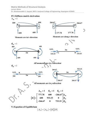 Matrix Methods of Structural Analysis
Lecture Notes
Dr. Atteshamuddin S. Sayyad, SRES’s Sanjivani College of Engineering, Kopargaon-423603
IV) Stiffness matrix derivation
1
 
Bz
1

Bx

All moments are in x-direction
1

By

All moments are in y-direction
 
1 1 1
777.78 600 266.67
600 933.33 0
266.67 0 733.33
Bz Bx By
Bz
Bx
By
K
 


   
 
 
 
  
 

 
V) Equation of Equilibrium
      
D DL
A A K D
 
 