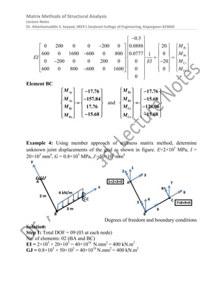 Matrix Methods of Structural Analysis
Lecture Notes
Dr. Atteshamuddin S. Sayyad, SRES’s Sanjivani College of Engineering, Kopargaon-423603
0.3
0 200 0 0 200 0 0.0888 20
600 0 1600 600 0 800 0.0777 0
1
0 200 0 0 200 0 0 20
600 0 800 600 0 1600 0 0
0
By
Bx
Cy
Cx
M
M
EI
M
EI
M

 
 
  
   
 
 
   
 
    
   
     
 
 
     
      

     
 
 
Element BC
Ay
Ax
By
Bx
M
M
M
M
17.76
157.84
17.76
15.68
  
 
   

   

   
   
   

 
 
and
By
Bx
Cy
Cx
M
M
M
M
17.76
15.68
128.96
15.68
  
 
   

   

   

   
   

 
 
Example 4: Using member approach of stiffness matrix method, determine
unknown joint displacements of the grid as shown in figure. E=2×105
MPa, I =
20×105
mm4
, G = 0.8×105
MPa, J =50×105
mm4
Degrees of freedom and boundary conditions
Solution:
Step 1: Total DOF = 09 (03 at each node)
No. of elements: 02 (BA and BC)
EI = 2×105
× 20×105
= 40×1010
N.mm2
= 400 kN.m2
GJ = 0.8×105
× 50×105
= 40×1010
N.mm2
= 400 kN.m2
 