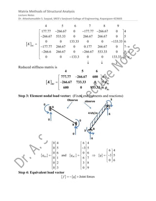 Matrix Methods of Structural Analysis
Lecture Notes
Dr. Atteshamuddin S. Sayyad, SRES’s Sanjivani College of Engineering, Kopargaon-423603
 
4 5 6 7 8 9
177.77 266.67 0 177.77 266.67 0
266.67 533.33 0 266.67 266.67 0
0 0 133.33 0 0 133.33
177.77 266.67 0 0.177 266.67 0
BC
K
  




4
5
6
7
266.6 266.67 0 266.67 533.33 0 8
0 0 133.3 0 0 133.33 9
 
 
 
 
 

 
 
  
 
 
 
  
Reduced stiffness matrix is
 
 
 
 
 
 
 
 
Bz
By
BC
Bx
K
4 5 6
777.77 266.67 600 4
266.67 733.33 0 5
600 0 933.33 6


Step 3: Element nodal load vector: (Fixed end moments and reactions)
     
0 4 6 4
0 5 3 5
6 4
0 6 0 6
and 3 5
0 1 6 7
0 6
0 2 3 8
0 3 0 9
BA BC
q q q
   
   

     
     
    
     
     
 
   
   
   
Step 4: Equivalent load vector
    Joint forces
f q
  
 