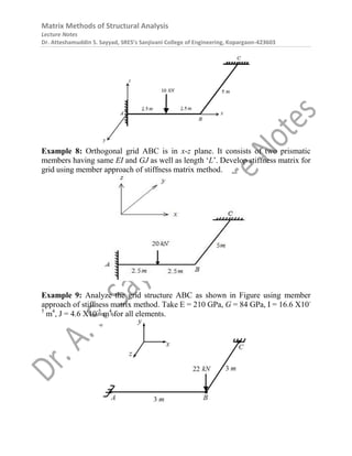Matrix Methods of Structural Analysis
Lecture Notes
Dr. Atteshamuddin S. Sayyad, SRES’s Sanjivani College of Engineering, Kopargaon-423603
Example 8: Orthogonal grid ABC is in x-z plane. It consists of two prismatic
members having same EI and GJ as well as length ‘L’. Develop stiffness matrix for
grid using member approach of stiffness matrix method.
Example 9: Analyze the grid structure ABC as shown in Figure using member
approach of stiffness matrix method. Take E = 210 GPa, G = 84 GPa, I = 16.6 X10-
5
m4
, J = 4.6 X10-5
m4
for all elements.
 