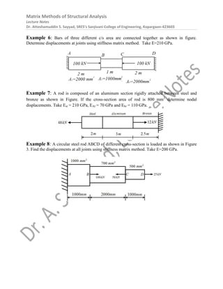 Matrix Methods of Structural Analysis
Lecture Notes
Dr. Atteshamuddin S. Sayyad, SRES’s Sanjivani College of Engineering, Kopargaon-423603
Example 6: Bars of three different c/s area are connected together as shown in figure.
Determine displacements at joints using stiffness matrix method. Take E=210 GPa.
Example 7: A rod is composed of an aluminum section rigidly attached between steel and
bronze as shown in Figure. If the cross-section area of rod is 800 mm2
determine nodal
displacements. Take Est = 210 GPa, EAl = 70 GPa and Ebr = 110 GPa.
Example 8: A circular steel rod ABCD of different cross-section is loaded as shown in Figure
3. Find the displacements at all joints using stiffness matrix method. Take E=200 GPa.
 