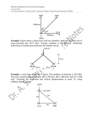 Matrix Methods of Structural Analysis
Lecture Notes
Dr. Atteshamuddin S. Sayyad, SRES’s Sanjivani College of Engineering, Kopargaon-423603
Example: Figure shows a plane truss with two members. Both the members are of
cross-sectional area 70.71 mm2
. Young’s modulus is 200 kN/mm2
. Determine
deflections of loaded joint and hence the member forces.
Example: A steel truss as shown in figure. The modulus of elasticity is 210 GPa.
The cross sectional area of member AB is 300 mm2
, BC is 400 mm2
and AC is 500
mm2
. Calculate the horizontal and vertical displacements at point ‘A’ using
stiffness matrix method.
 