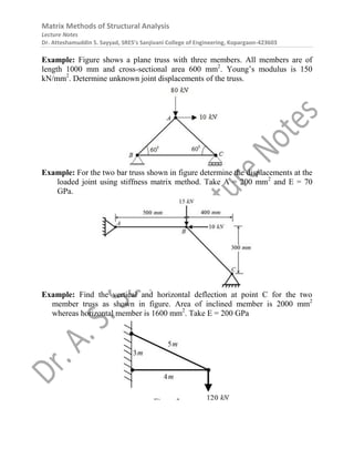 Matrix Methods of Structural Analysis
Lecture Notes
Dr. Atteshamuddin S. Sayyad, SRES’s Sanjivani College of Engineering, Kopargaon-423603
Example: Figure shows a plane truss with three members. All members are of
length 1000 mm and cross-sectional area 600 mm2
. Young’s modulus is 150
kN/mm2
. Determine unknown joint displacements of the truss.
Example: For the two bar truss shown in figure determine the displacements at the
loaded joint using stiffness matrix method. Take A = 200 mm2
and E = 70
GPa.
Example: Find the vertical and horizontal deflection at point C for the two
member truss as shown in figure. Area of inclined member is 2000 mm2
whereas horizontal member is 1600 mm2
. Take E = 200 GPa
 