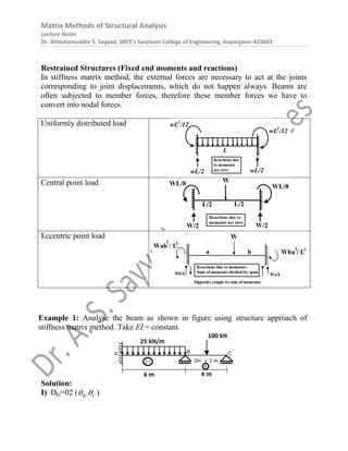 Matrix Methods of Structural Analysis
Lecture Notes
Dr. Atteshamuddin S. Sayyad, SRES’s Sanjivani College of Engineering, Kopargaon-423603
Restrained Structures (Fixed end moments and reactions)
In stiffness matrix method, the external forces are necessary to act at the joints
corresponding to joint displacements, which do not happen always. Beams are
often subjected to member forces, therefore these member forces we have to
convert into nodal forces.
Uniformly distributed load
Central point load
Eccentric point load
Example 1: Analyse the beam as shown in figure using structure approach of
stiffness matrix method. Take EI = constant.
Solution:
I) Dki=02 ( B C
,
  )
 