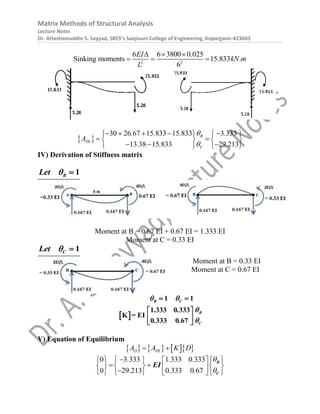 Matrix Methods of Structural Analysis
Lecture Notes
Dr. Atteshamuddin S. Sayyad, SRES’s Sanjivani College of Engineering, Kopargaon-423603
2 2
6 6 3800 0.025
Sinking moments 15.833 .
6
EI
kN m
L
  
  
 
30 26 67 15 833 15 833 3 333
13 38 15 833 29 213
B
DL
C
. . . .
A
. . .


    
   
 
   
  
   
IV) Derivation of Stiffness matrix
1
B
Let  
Moment at B = 0.67 EI + 0.67 EI = 1.333 EI
Moment at C = 0.33 EI
1
C
Let  
Moment at B = 0.33 EI
Moment at C = 0.67 EI
 
1 1
1 333 0 333
0 333 0
= EI
7
K
6
B C
B
C
. .
. .
 


 
 
 
 
V) Equation of Equilibrium
      
D DL
A A K D
 
0 3 333 1 333 0 333
0 29 213 0 333 0 67
. . .
. . .


  
     
 
     
 

      
B
C
EI
 