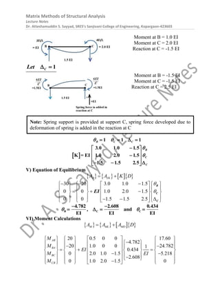 Matrix Methods of Structural Analysis
Lecture Notes
Dr. Atteshamuddin S. Sayyad, SRES’s Sanjivani College of Engineering, Kopargaon-423603
Moment at B = 1.0 EI
Moment at C = 2.0 EI
Reaction at C = -1.5 EI
1
C
Let  
Moment at B = -1.5 EI
Moment at C = -1.5 EI
Reaction at C = 2.5 EI
 
3 0 1 0 1 5
K = EI 1 0 2 0 1 5
1 5 1 5 2
1
5
1 1
B C C
B
C
C
. . .
. . .
. . .
 



 
 







 
 
 

V) Equation of Equilibrium
      
D DL
A A K D
 
3 0 1 0 1 5
1 0 2
30 20
0 0 0 1 5
1 5 1 5 2 5
0 0
. . .
. . .
. . .


   
   
     
 


 
 
    
 

   

     
 
 
 
 
B
C
C
EI
B C C
4 782 2 608 0 434
and
EI EI EI
. . .
,
 
 
   
VI) Moment Calculations
      
M ML MD
A A A D
 
20 0 5 0 0 17 60
4 782
20 1 0 0 0 24 782
1
0 434
0 2 0 1 0 1 5 5 218
2 608
0 1 0 2 0 1 5 0
AB
BA
BC
CB
M . .
.
M . .
EI .
M . . . .
EI
.
M . . .
       

 
       
 
       
 
  
       
 
 
       

  
     

     
 
Note: Spring support is provided at support C, spring force developed due to
deformation of spring is added in the reaction at C
 