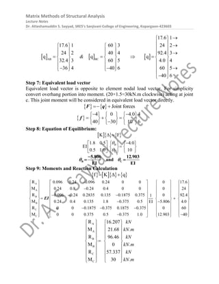 Matrix Methods of Structural Analysis
Lecture Notes
Dr. Atteshamuddin S. Sayyad, SRES’s Sanjivani College of Engineering, Kopargaon-423603
     
AB BC
17 6 1
17 6 1 60 3 24 2
24 2 40 4 92 4 3
32 4 3 60 5 4 0 4
36 4 40 6 60 5
4
q q
0
q
6
.
.
.
&
. .

 
  
     
      
   

     
     
     
  
   
 

  
 
Step 7: Equivalent load vector
Equivalent load vector is opposite to element nodal load vector. For simplicity
convert overhang portion into moment. (20×1.5=30kN.m clockwise) acting at joint
c. This joint moment will be considered in equivalent load vector directly.
    Joint forces
 
F q
 
4 0 4 0 4
40 30 10 6
.
 
     
 
     

     

f
Step 8: Equation of Equilibrium:
    
B
C
K F
1 8 0 5 4 0
EI
0 5 1 0 10
. . .
. .


 

 
   

   
 
   
 
B C
5 806 12 903
and
EI EI
. .
 

 
Step 9: Moments and Reaction Calculation
      
f K q
  
A
A
B
B
C
C
R 0 096 0 24 0 096 0 24 0 0
M 0 24 0 8 0 24 0 4 0 0
R 0 096 0 24 0 2835 0 135 0 1875 0 375 1
M 0 24 0 4 0 135 1 8 0 375 0 5 EI
R 0 0 0 1875 0 375 0 1875 0 375
M 0 0 0 375 0 5 0 375 1 0
. . . .
. . . .
. . . . . .
. . . . . .
. . . .
. . . .

   
   

   
   
  
 

   

   
   
  
   

   
 
EI
0 17 6
0 24
0 92 4
5 806 4 0
0 60
12 903 40
.
.
. .
.
   
   
   
   

   

   
   
   

   
A
A
B
B
C
C
R 16 207
M 21 68
R 96 46
M 0
R 57 337
M 30
. kN
. kN.m
. kN
kN.m
. kN
kN.m
   
   
   
   

   
   
   
   
 
 
 