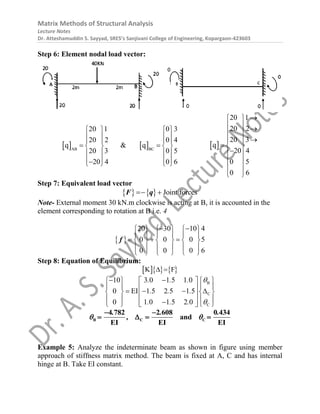 Matrix Methods of Structural Analysis
Lecture Notes
Dr. Atteshamuddin S. Sayyad, SRES’s Sanjivani College of Engineering, Kopargaon-423603
Step 6: Element nodal load vector:
 AB
20 1
20 2
20 3
20
q
4
 
 
 
 
 
 

 
 &  BC
0 3
0 4
0 5
0 6
q
 
 
 
 
 
 
 
  
20 1
20 2
20 3
20 4
0 5
0
q
6

 
  
 
  
 

 
 
 
 

Step 7: Equivalent load vector
    Joint forces
 
F q
Note- External moment 30 kN.m clockwise is acting at B, it is accounted in the
element corresponding to rotation at B i.e. 4
 
20 30 10 4
0 0 0 5
0 0 0 6
 
     
     
  
     
     
     
f
Step 8: Equation of Equilibrium:
    
K F
 
B
C
C
10 3 0 1 5 1 0
0 EI 1 5 2 5 1 5
0 1 0 1 5 2 0
. . .
. . .
. . .


   
   
   
 
   
   
 
   
 

    
B C C
4 782 2 608 0 434
and
EI EI EI
. . .
,
 
 
   
Example 5: Analyze the indeterminate beam as shown in figure using member
approach of stiffness matrix method. The beam is fixed at A, C and has internal
hinge at B. Take EI constant.
 