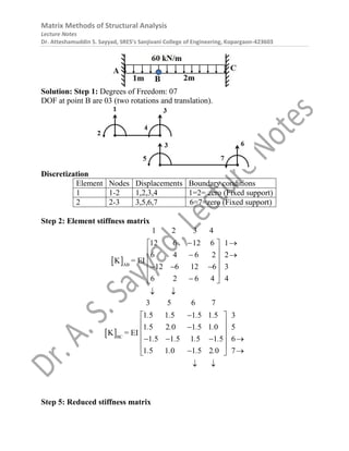 Matrix Methods of Structural Analysis
Lecture Notes
Dr. Atteshamuddin S. Sayyad, SRES’s Sanjivani College of Engineering, Kopargaon-423603
Solution: Step 1: Degrees of Freedom: 07
DOF at point B are 03 (two rotations and translation).
Discretization
Element Nodes Displacements Boundary conditions
1 1-2 1,2,3,4 1=2= zero (Fixed support)
2 2-3 3,5,6,7 6=7=zero (Fixed support)
Step 2: Element stiffness matrix
 AB
1 2 3 4
12 6 12 6 1
6 4 6 2 2
12 6 12 6 3
6
K = EI
2 6 4 4
 
 
 
 
 
 
  
 

 
 
 BC
3 5 6 7
1 5 1 5 1 5 1 5 3
1 5 2 0 1 5 1 0 5
1 5 1
K =
5 1 5 1 5 6
1 5 1 0 1 5
EI
2 0 7
. . . .
. . . .
. . . .
. . . .

 
 

 
 
   
 
 
 
 
Step 5: Reduced stiffness matrix
 