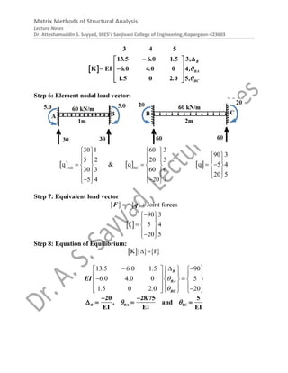 Matrix Methods of Structural Analysis
Lecture Notes
Dr. Atteshamuddin S. Sayyad, SRES’s Sanjivani College of Engineering, Kopargaon-423603
 
13 5 6 0 1 5
K = EI 6 0 4 0 0
1 5 0 2 0
3 4 5
3
4
5
B
BA
BC
. . .
. .
. ,
.
,
,


 
 

 



 
Step 6: Element nodal load vector:
 AB
30 1
5 2
30 3
5 4
q
 
 
 
 
 
 

 
 &  BC
60 3
20 5
60 6
20
q
7
 
 
 
 
 
 

 
  
90 3
q 5 4
20 5
 
 
 
 
 
 
Step 7: Equivalent load vector
    Joint forces
 
F q
 
90 3
f 5 4
20 5

 
 
  
 

 
Step 8: Equation of Equilibrium:
    
K F
 
13 5 6 0 1 5
6 0 4 0 0
90
5
1 2
5 0 0
2 0
. . .
. .
. .



 
 

 
 
 
   
   

 
   
   

 
 
B
BA
BC
EI
BA BC
20 28 75 5
and
EI EI EI
B
.
,  
 
   
 