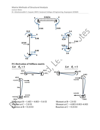 Matrix Methods of Structural Analysis
Lecture Notes
Dr. Atteshamuddin S. Sayyad, SRES’s Sanjivani College of Engineering, Kopargaon-423603
IV) Derivation of Stiffness matrix
1
B
Let   1
C
Let  
Moment at B = 1.6EI + 4.0EI = 5.6 EI Moment at B = 2.0 EI
Moment at C = 2.0 EI Moment at C = 4.0EI+0.8EI=4.8EI
Reaction at B = 0.24 EI Reaction at C = 0.24 EI
 