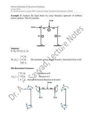 Matrix Methods of Structural Analysis
Lecture Notes
Dr. Atteshamuddin S. Sayyad, SRES’s Sanjivani College of Engineering, Kopargaon-423603
Example 2: Analyze the rigid frame by using Structure approach of stiffness
matrix method. Take EI constant.
Solution:
I) Dki=03 ( B C
, ,
  )
II)  
0
0
50
B
D C
A


 
 
  
  
 
(No moments acting at joint B and C, horizontal force at B)
III) Restrained Structure
75 Moment at B
{ } 75 Moment at C
0 Sum of Horizontal Reaction at B and C
B
DL C
A


 
 
 
 
  
 
 