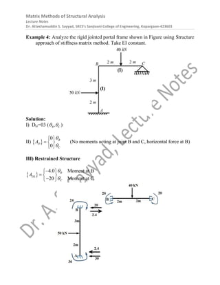Matrix Methods of Structural Analysis
Lecture Notes
Dr. Atteshamuddin S. Sayyad, SRES’s Sanjivani College of Engineering, Kopargaon-423603
Example 4: Analyze the rigid jointed portal frame shown in Figure using Structure
approach of stiffness matrix method. Take EI constant.
Solution:
I) Dki=03 ( B C
,
  )
II)  
0
0
B
D
C
A


 
  
 
(No moments acting at joint B and C, horizontal force at B)
III) Restrained Structure
 
4 0 Moment at B
20 Moment at C
B
DL
C
.
A



 
  

 
 