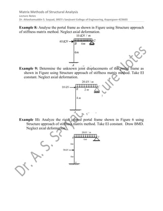 Matrix Methods of Structural Analysis
Lecture Notes
Dr. Atteshamuddin S. Sayyad, SRES’s Sanjivani College of Engineering, Kopargaon-423603
Example 8: Analyse the portal frame as shown in Figure using Structure approach
of stiffness matrix method. Neglect axial deformation.
Example 9: Determine the unknown joint displacements of the portal frame as
shown in Figure using Structure approach of stiffness matrix method. Take EI
constant. Neglect axial deformation.
Example 11: Analyze the rigid jointed portal frame shown in Figure 6 using
Structure approach of stiffness matrix method. Take EI constant. Draw BMD.
Neglect axial deformation.
 