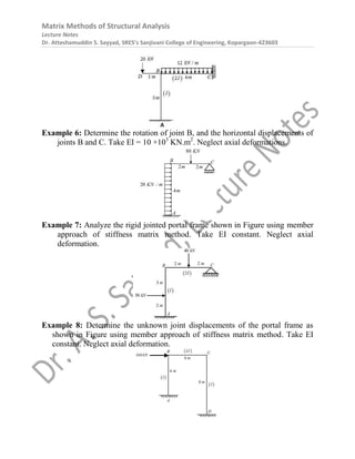 Matrix Methods of Structural Analysis
Lecture Notes
Dr. Atteshamuddin S. Sayyad, SRES’s Sanjivani College of Engineering, Kopargaon-423603
Example 6: Determine the rotation of joint B, and the horizontal displacements of
joints B and C. Take EI = 10 ×103
KN.m2
. Neglect axial deformations.
Example 7: Analyze the rigid jointed portal frame shown in Figure using member
approach of stiffness matrix method. Take EI constant. Neglect axial
deformation.
Example 8: Determine the unknown joint displacements of the portal frame as
shown in Figure using member approach of stiffness matrix method. Take EI
constant. Neglect axial deformation.
 