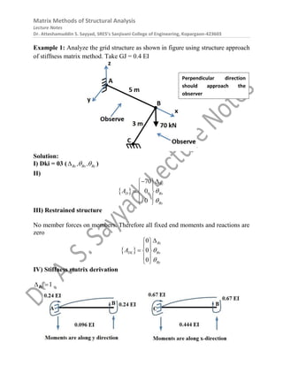 Matrix Methods of Structural Analysis
Lecture Notes
Dr. Atteshamuddin S. Sayyad, SRES’s Sanjivani College of Engineering, Kopargaon-423603
Example 1: Analyze the grid structure as shown in figure using structure approach
of stiffness matrix method. Take GJ = 0.4 EI
Solution:
I) Dki = 03 ( Bz Bx By
, ,
 
 )
II)
 
70
0
0
Bz
D Bx
By
A 

 
 
 
  
 
 
III) Restrained structure
No member forces on members. Therefore all fixed end moments and reactions are
zero
 
0
0
0
Bz
DL Bx
By
A 


 
 
  
 
 
IV) Stiffness matrix derivation
1
 
Bz
Perpendicular direction
should approach the
observer
 