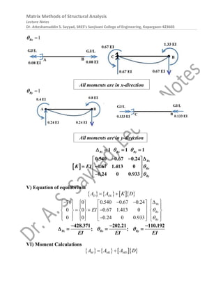 Matrix Methods of Structural Analysis
Lecture Notes
Dr. Atteshamuddin S. Sayyad, SRES’s Sanjivani College of Engineering, Kopargaon-423603
1

Bx

All moments are in x-direction
1

By

All moments are in y-direction
 
1 1 1
0.540 0.67 0.24
0.67 1.413 0
0.24 0 0.933
Bz Bx By
Bz
Bx
By
K EI
 


   
  
 
 
 
 
 

 
V) Equation of equilibrium
      
D DL
A A K D
 
70 0 0.540 0.67 0.24
0 0 0.67 1.413 0
0 0 0.24 0 0.933
Bz
Bx
By
EI 

 
   
     
     
 
  
     
 
     
 

       
Bz Bx By
EI EI EI
428.371 202.21 110.192
; ;
 
  
   
VI) Moment Calculations
      
M ML MD
A A A D
 
 