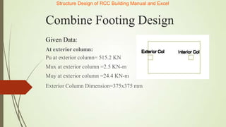 Combine Footing Design
Given Data:
At exterior column:
Pu at exterior column= 515.2 KN
Mux at exterior column =2.5 KN-m
Muy at exterior column =24.4 KN-m
Exterior Column Dimension=375x375 mm
Structure Design of RCC Building Manual and Excel
 