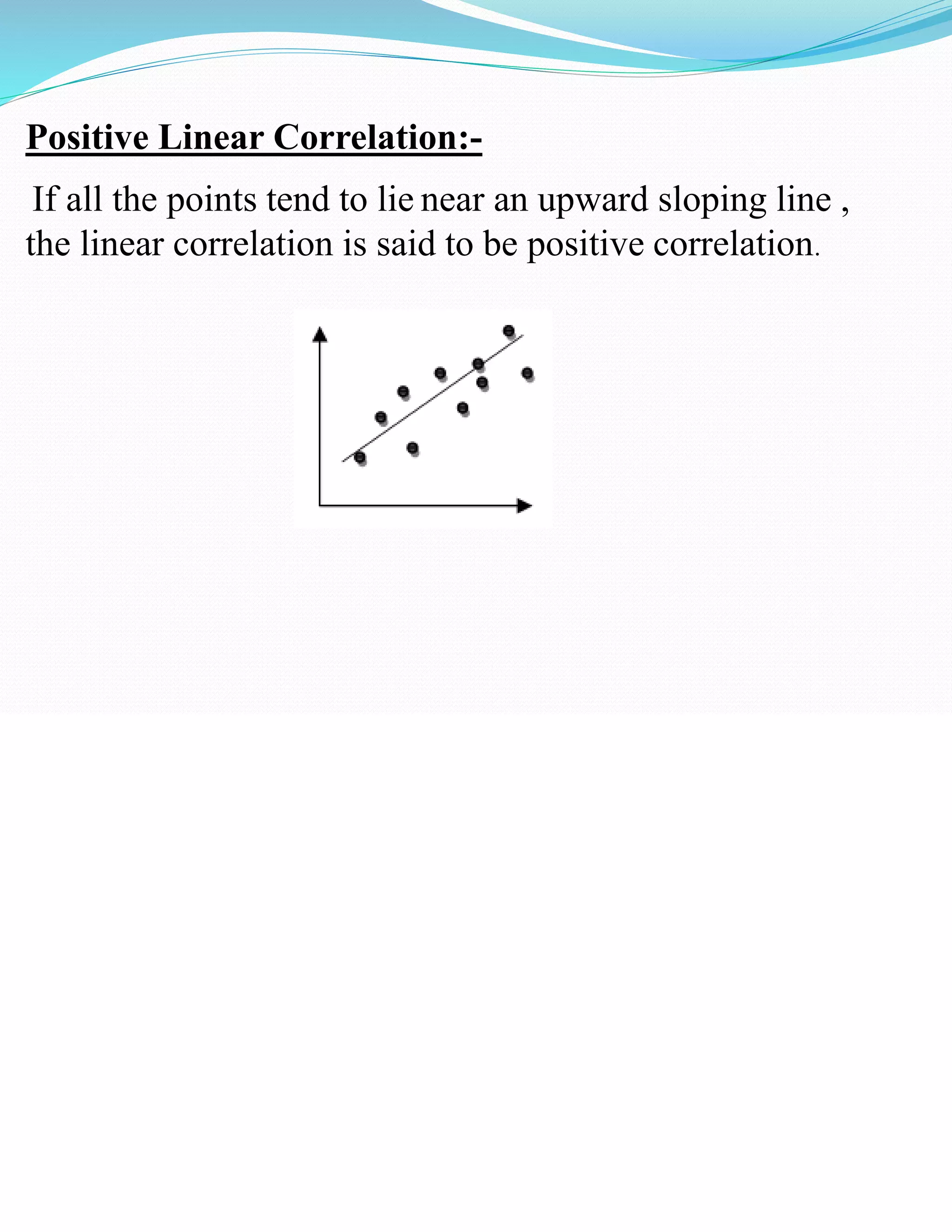 Positive Linear Correlation:-
If all the points tend to lie near an upward sloping line ,
the linear correlation is said to be positive correlation.
 