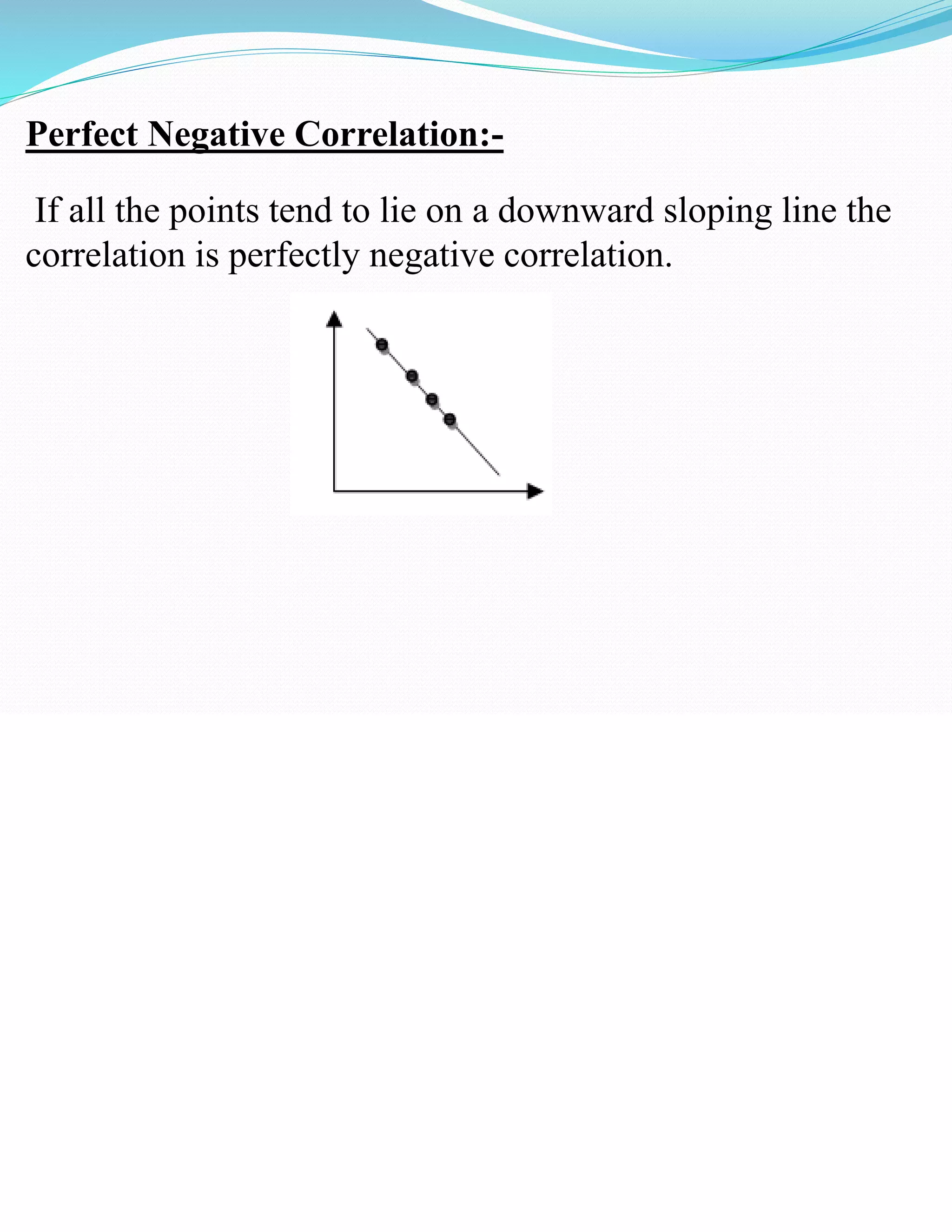 Perfect Negative Correlation:-
If all the points tend to lie on a downward sloping line the
correlation is perfectly negative correlation.
 