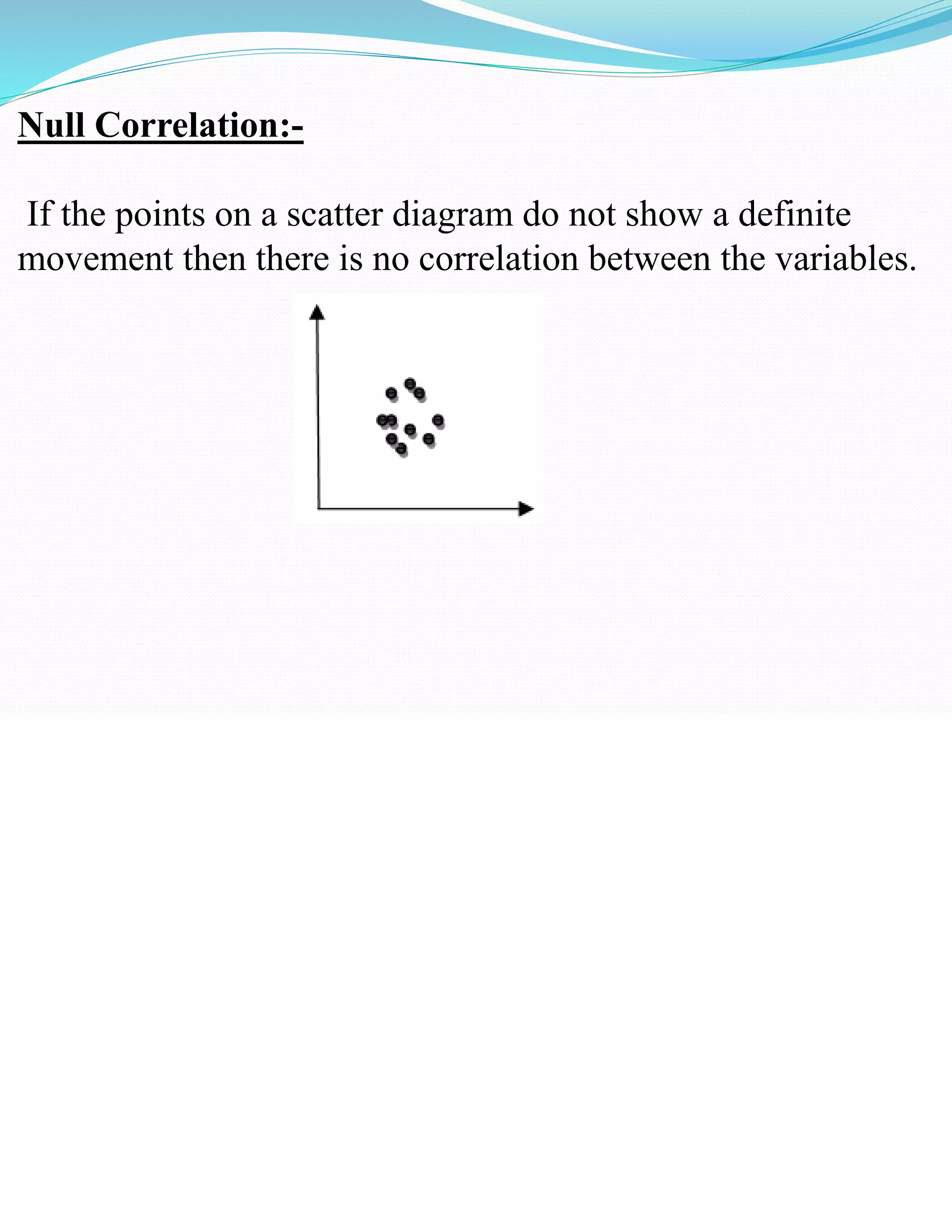 Null Correlation:-
If the points on a scatter diagram do not show a definite
movement then there is no correlation between the variables.
 