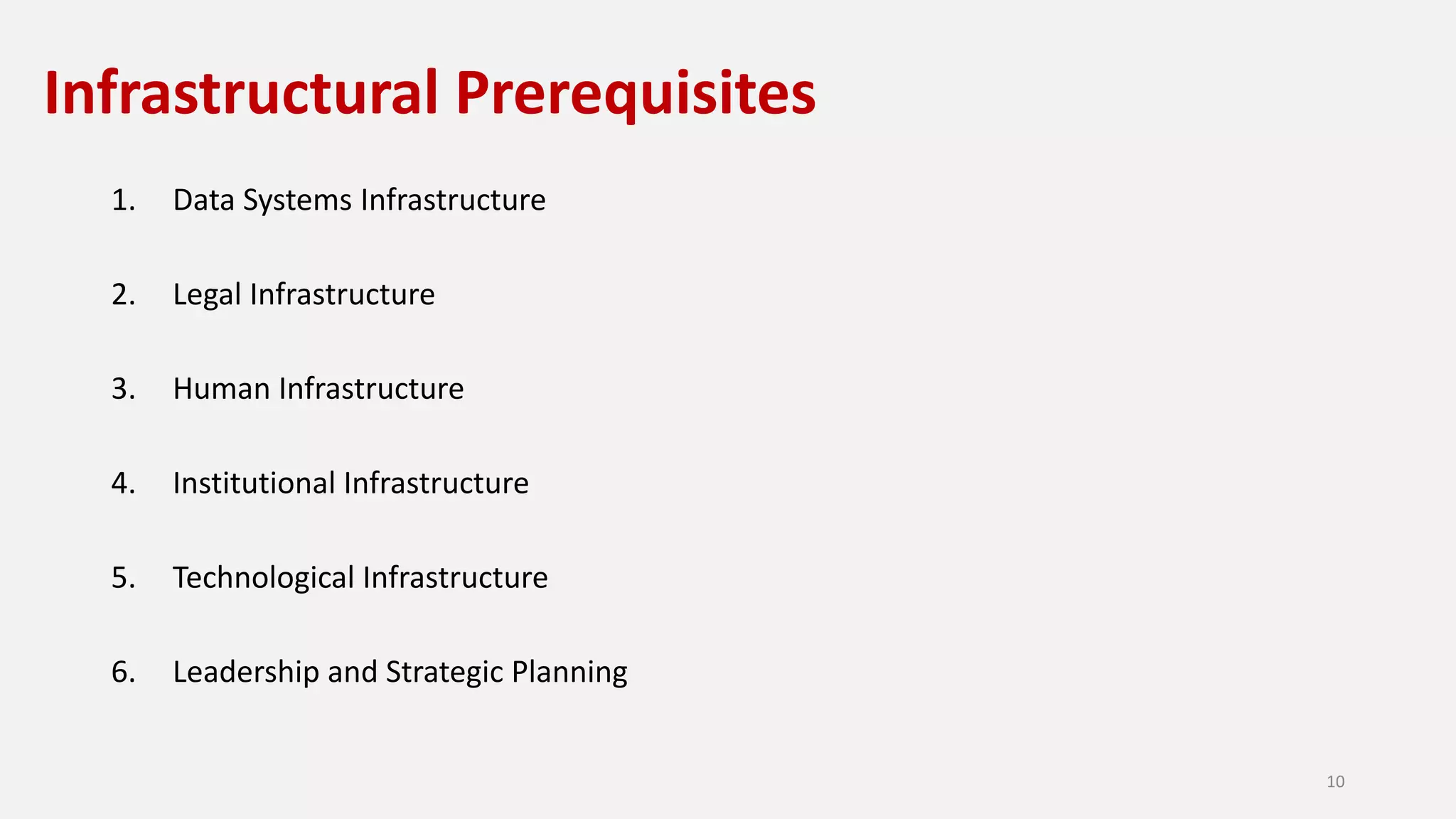 Infrastructural Prerequisites
1. Data Systems Infrastructure
2. Legal Infrastructure
3. Human Infrastructure
4. Institutional Infrastructure
5. Technological Infrastructure
6. Leadership and Strategic Planning
10
 