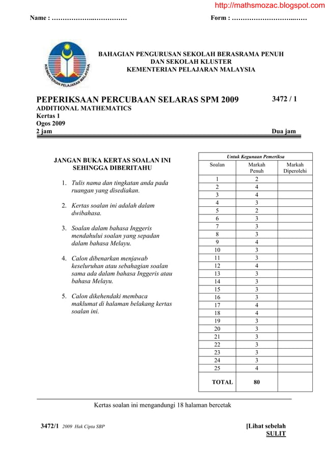 contoh kertas percubaan matematik tambahan spm PDF