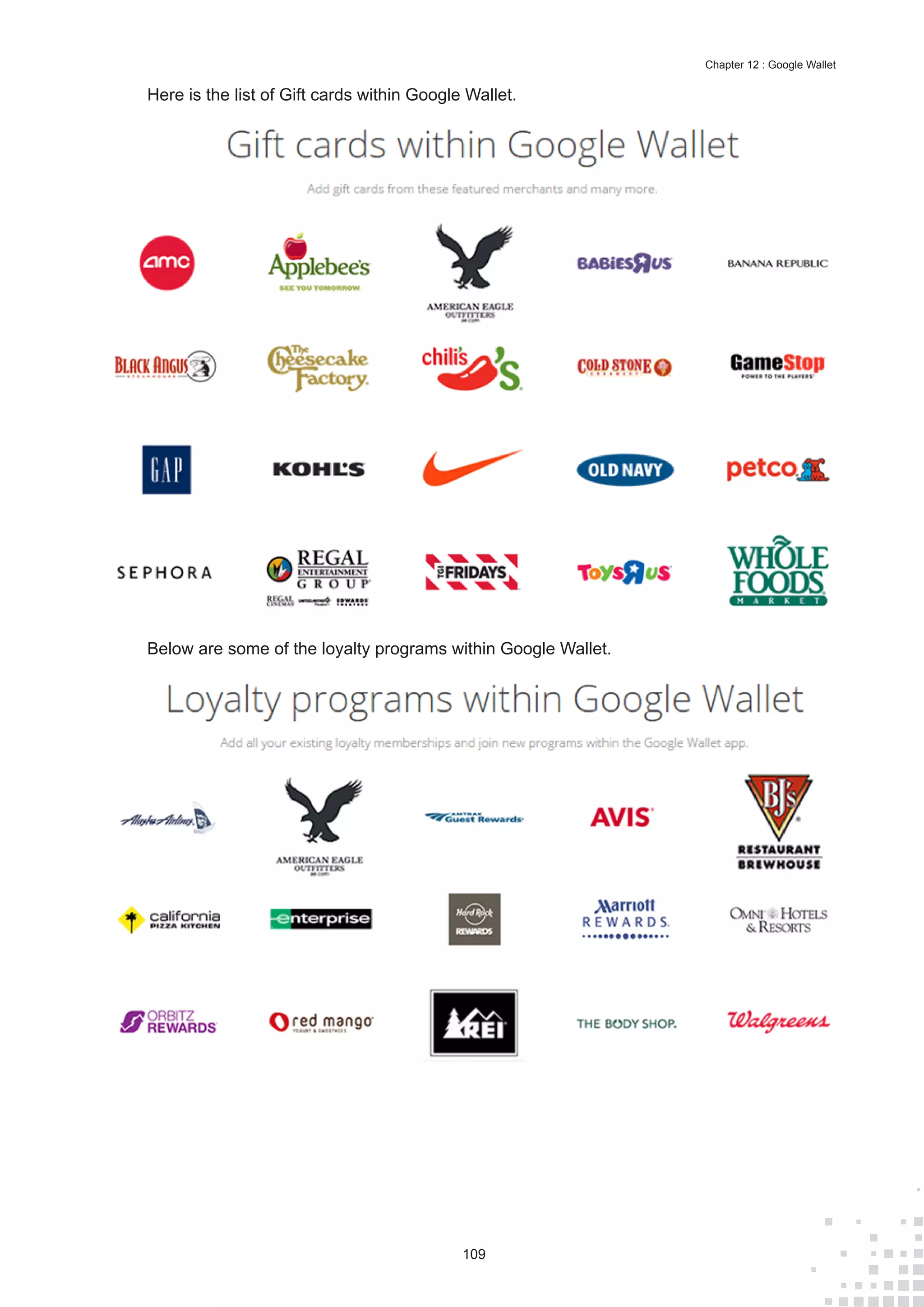 109
Chapter 12 : Google Wallet
Here is the list of Gift cards within Google Wallet.
Below are some of the loyalty programs within Google Wallet.
 