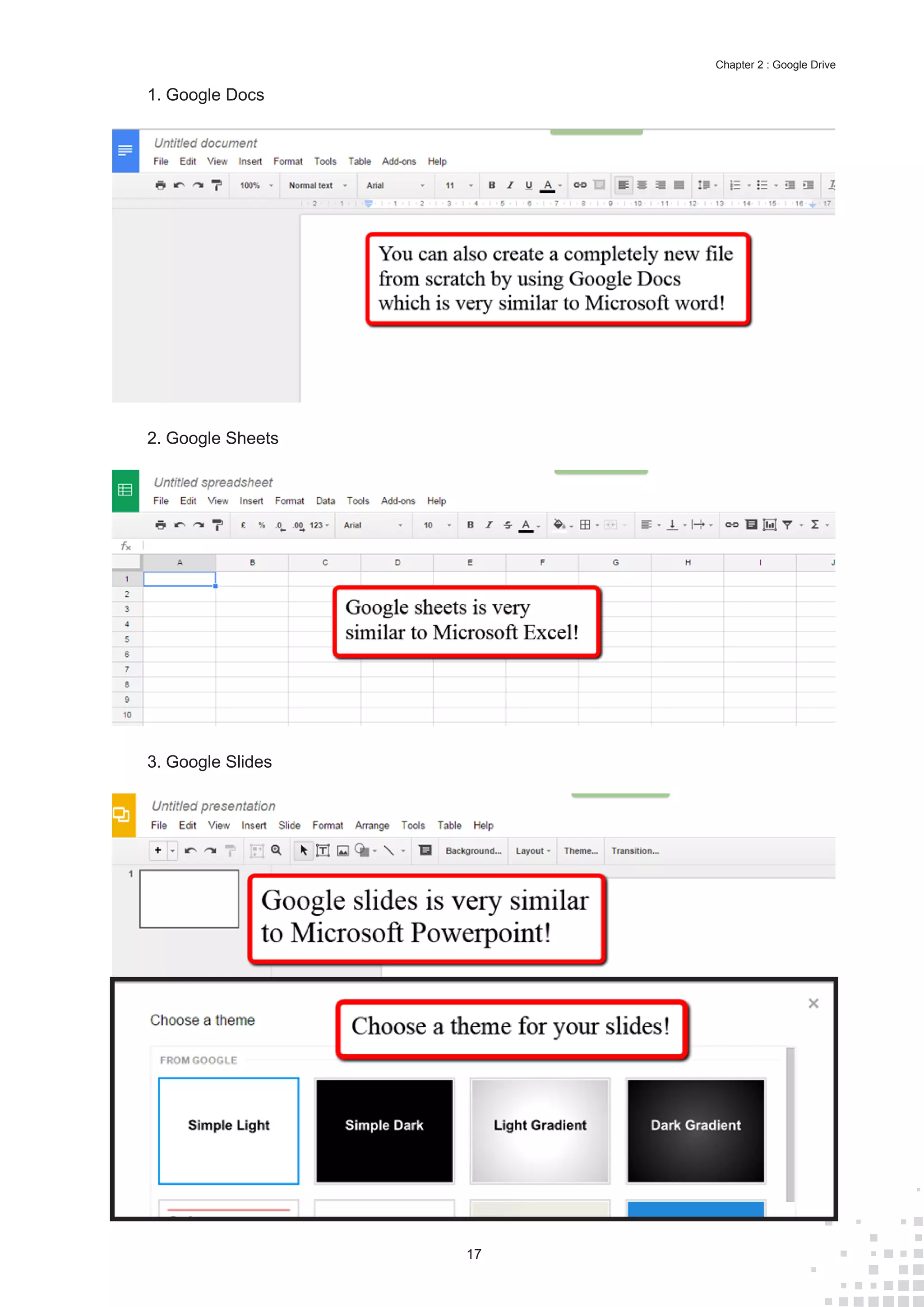 17
Chapter 2 : Google Drive
1.	Google Docs
2.	Google Sheets
3.	Google Slides
 