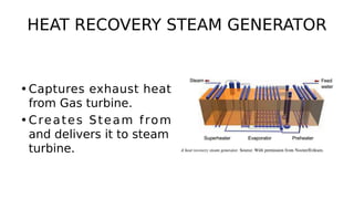 HEAT RECOVERY STEAM GENERATOR
•Captures exhaust heat
from Gas turbine.
•Creates Steam from
and delivers it to steam
turbine.
 