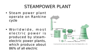 STEAMPOWER PLANT
• Steam power plant
operate on Rankine
cycle
• W o r l d w i d e , m o s t
e l e c t r i c p o w e r i s
produced by steam-
electric power plants,
which produce about
86% of all electric
 
