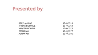 ADEEL AHMAD 13-MCE-15
KHIZAR SIDDIQUE 13-MCE-69
NADEEM MOHSIN 13-MCE-75
RASHID ALI 13-MCE-77
ADNAN ALI 13-MCE-81
 