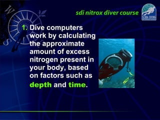 1. Dive computers
work by calculating
the approximate
amount of excess
nitrogen present in
your body, based
on factors such as
depth and time.
 