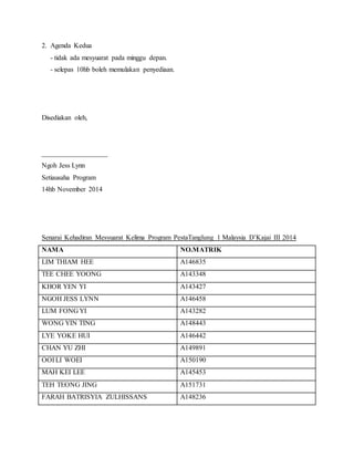 2. Agenda Kedua
- tidak ada mesyuarat pada minggu depan.
- selepas 10hb boleh memulakan penyediaan.
Disediakan oleh,
___________________
Ngoh Jess Lynn
Setiausaha Program
14hb November 2014
Senarai Kehadiran Mesyuarat Kelima Program PestaTanglung 1 Malaysia D’Kajai III 2014
NAMA NO.MATRIK
LIM THIAM HEE A146835
TEE CHEE YOONG A143348
KHOR YEN YI A143427
NGOH JESS LYNN A146458
LUM FONG YI A143282
WONG YIN TING A148443
LYE YOKE HUI A146442
CHAN YU ZHI A149891
OOI LI WOEI A150190
MAH KEI LEE A145453
TEH TEONG JING A151731
FARAH BATRISYIA ZULHISSANS A148236
 