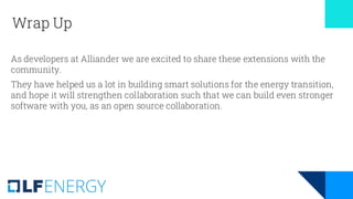 Wrap Up
As developers at Alliander we are excited to share these extensions with the
community.
They have helped us a lot in building smart solutions for the energy transition,
and hope it will strengthen collaboration such that we can build even stronger
software with you, as an open source collaboration.
 