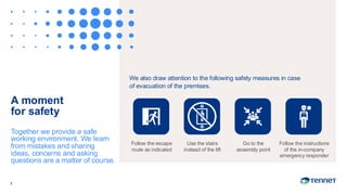 We also draw attention to the following safety measures in case
of evacuation of the premises.
A moment
for safety
Together we provide a safe
working environment. We learn
from mistakes and sharing
ideas, concerns and asking
questions are a matter of course.
Follow the escape
route as indicated
Use the stairs
instead of the lift
Go to the
assembly point
Follow the instructions
of the in-company
emergency responder
2
 