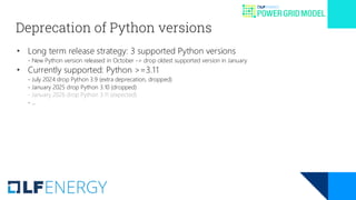 Deprecation of Python versions
• Long term release strategy: 3 supported Python versions
- New Python version released in October -> drop oldest supported version in January
• Currently supported: Python >=3.11
- July 2024 drop Python 3.9 (extra deprecation, dropped)
- January 2025 drop Python 3.10 (dropped)
- January 2026 drop Python 3.11 (expected)
- …
 